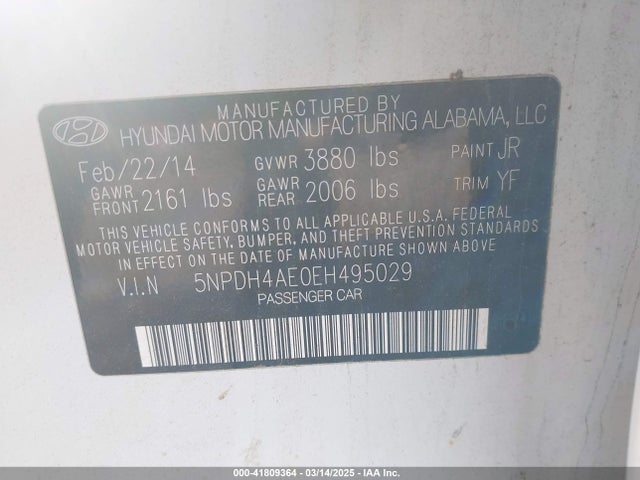 Hyundai ELANTRA SE 2014 5NPDH4AE0EH495029 Image 9
