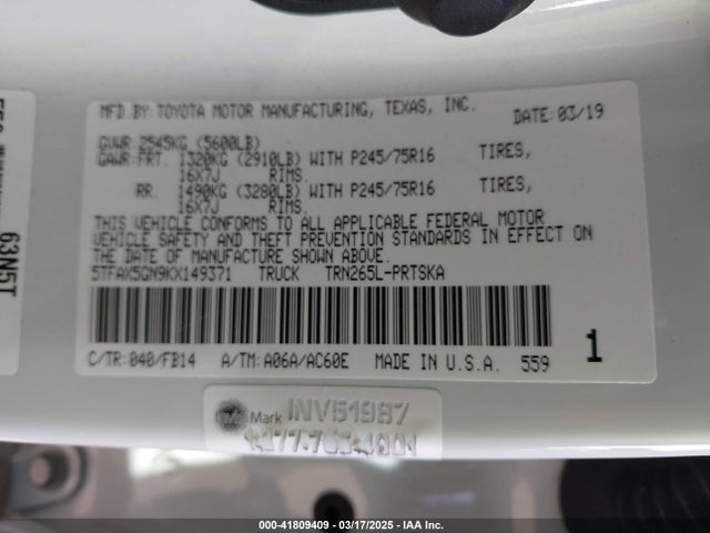 5TFAX5GN9KX149371 Toyota Tacoma Sr