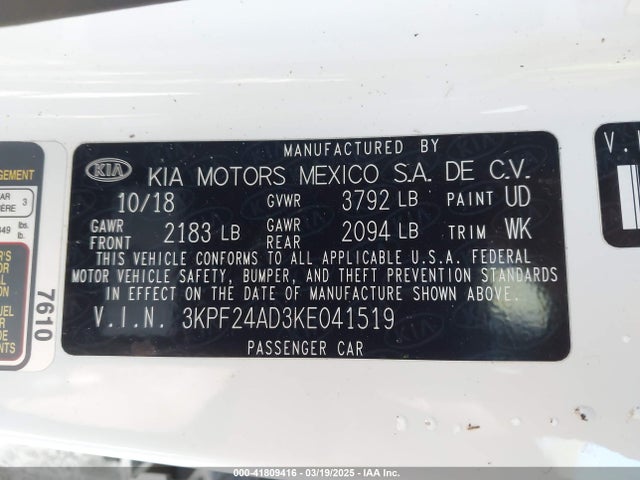 3KPF24AD3KE041519 KIA Forte Lxs
