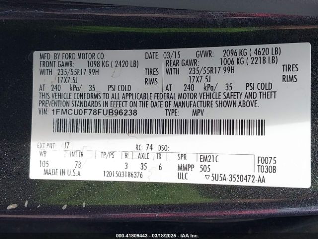 1FMCU0F78FUB96238 Ford ESCAPE S