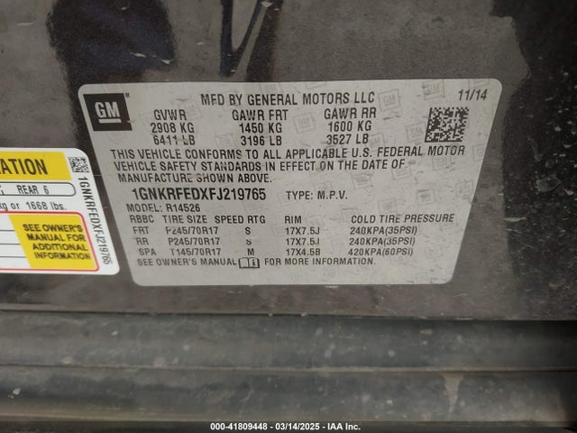 1GNKRFEDXFJ219765 Chevrolet Traverse Ls
