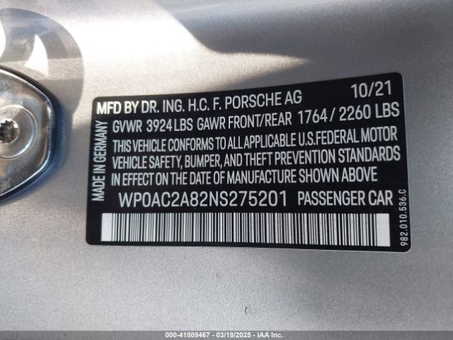 2022 PORSCHE 718 CAYMAN WP0AC2A82NS275201 Photo 8