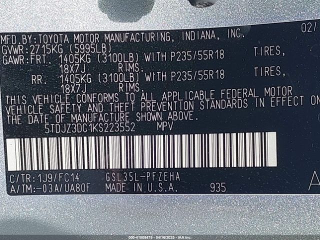 5TDJZ3DC1KS223552 Toyota Sienna Le 7 Passenger