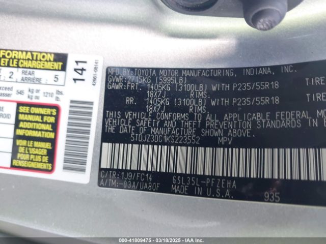 5TDJZ3DC1KS223552 Toyota Sienna Le 7 Passenger
