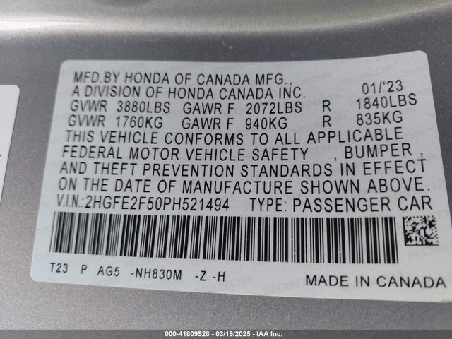 2HGFE2F50PH521494 Honda Civic Sport
