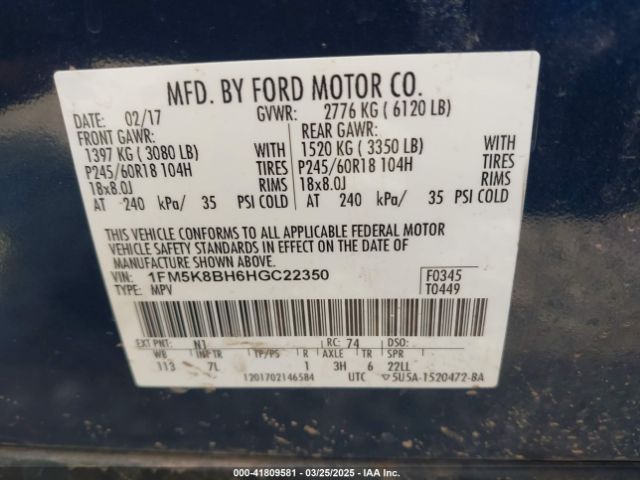 1FM5K8BH6HGC22350 Ford Explorer