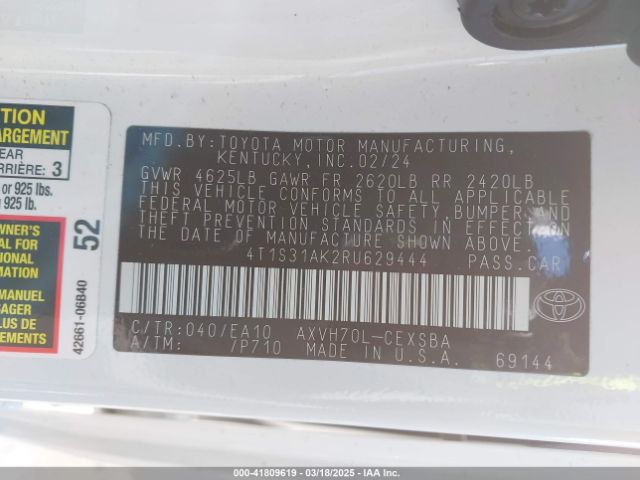 4T1S31AK2RU629444 Toyota Camry Hybrid Se
