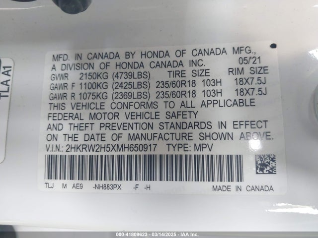 2HKRW2H5XMH650917 Honda Cr-v Awd Ex
