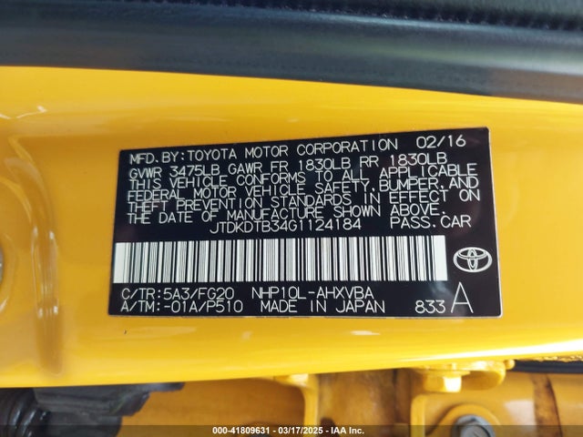 JTDKDTB34G1124184 Toyota Prius C Four/one/persona Series/three/two