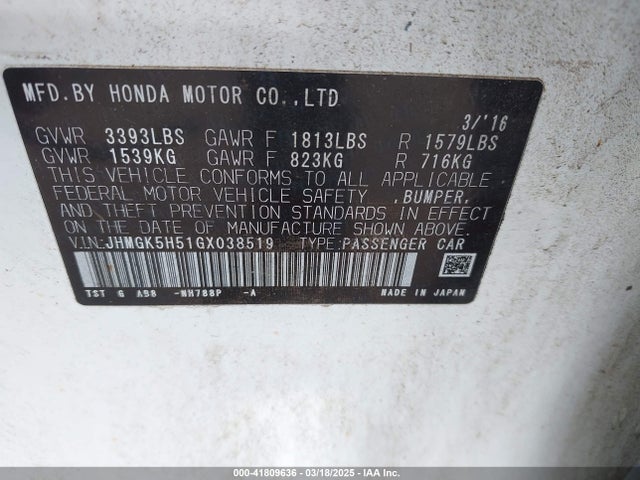 JHMGK5H51GX038519 Honda FIT LX
