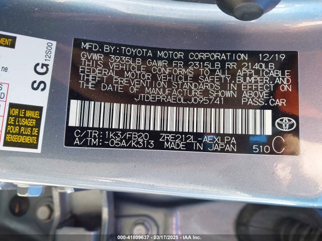 JTDEPRAE0LJ095741 Toyota COROLLA LE
