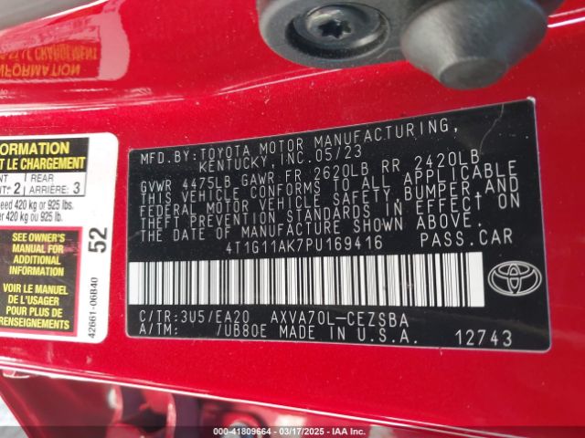 4T1G11AK7PU169416 Toyota a25a-fks