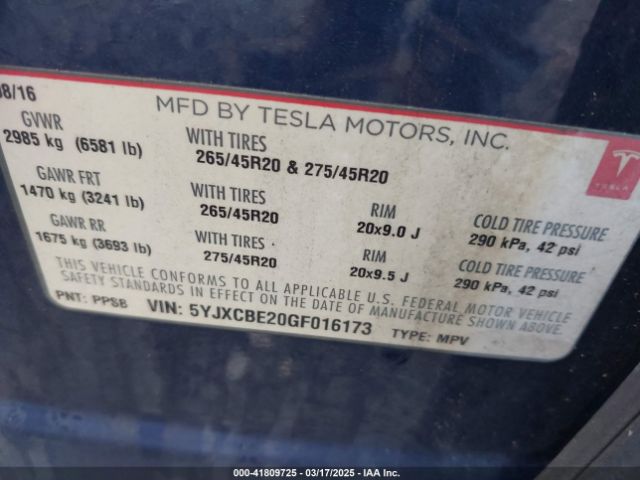 5YJXCBE20GF016173 Tesla Model X 60d/70d/75d/90d/p100d