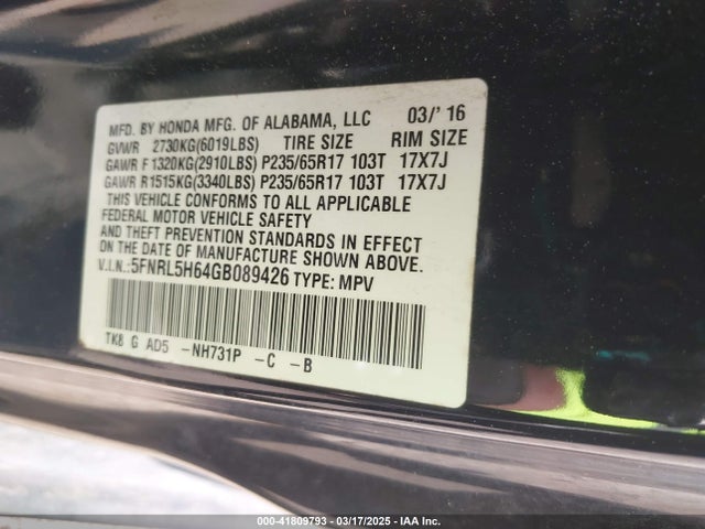 5FNRL5H64GB089426 Honda Odyssey Ex-l