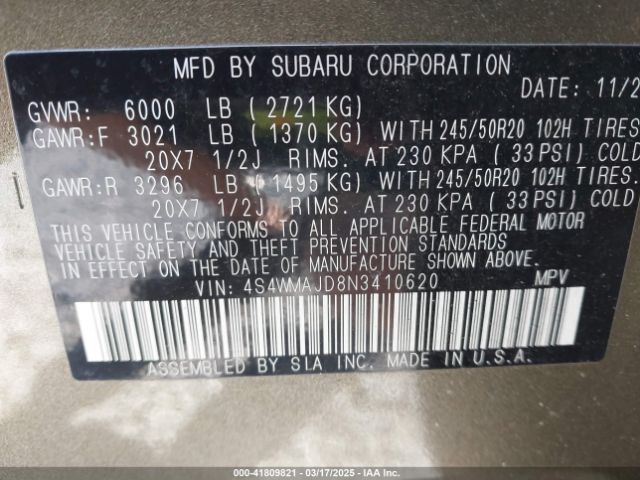 4S4WMAJD8N3410620 Subaru Ascent Onyx Edition