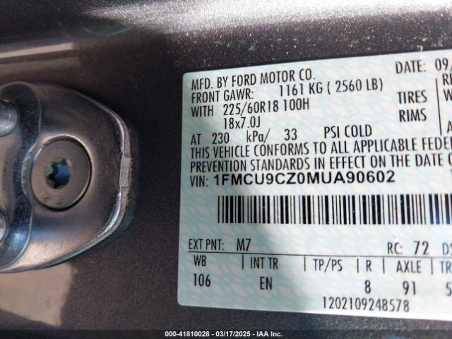 1FMCU9CZ0MUA90602 Ford Escape Sel Hybrid