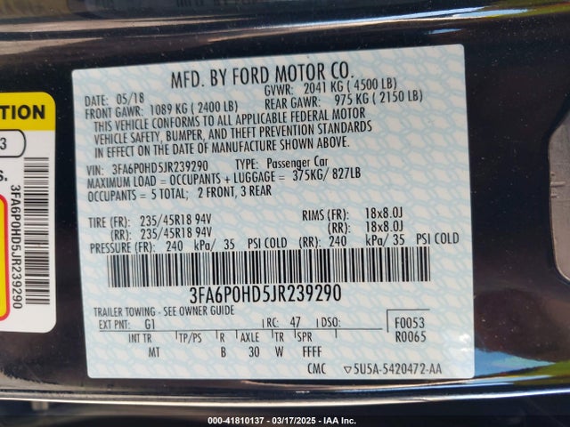 3FA6P0HD5JR239290 Ford FUSION SE