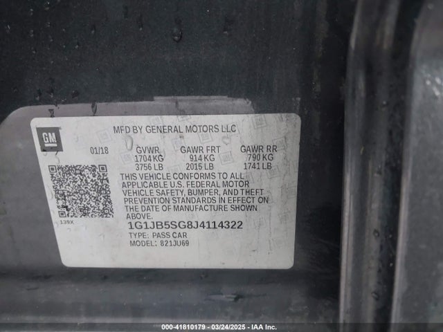 1G1JB5SG8J4114322 Chevrolet Sonic Ls Auto