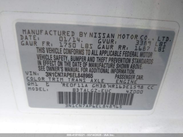 3N1CN7AP6EL848965 Nissan Versa 1.6 Sl