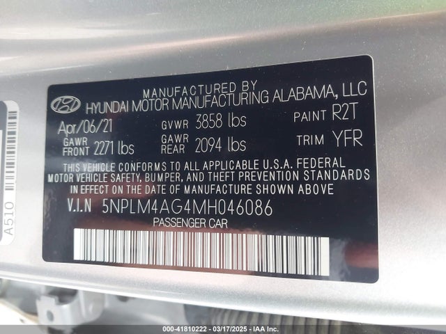 5NPLM4AG4MH046086 Hyundai ELANTRA SEL