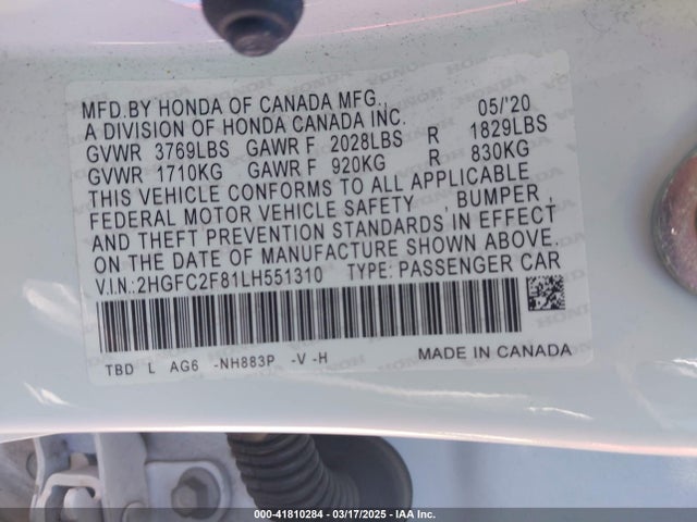Продажа на аукционе авто 2020 Honda Civic Sport, vin: 2HGFC2F81LH551310, номер лота: 41810284
