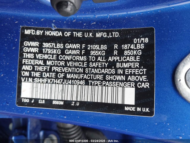 SHHFK7H47JU410946 Honda Civic Sport