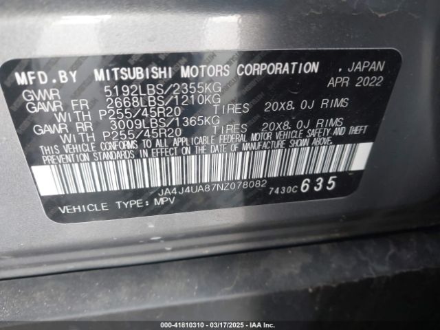 JA4J4UA87NZ078082 Mitsubishi Outlander Black Edition S-awc/se 2.5 S-awc/se Launch Edition S-awc