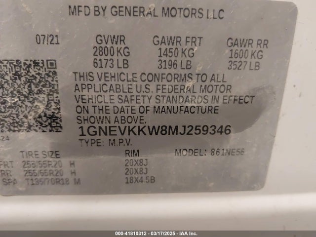 1GNEVKKW8MJ259346 Chevrolet Traverse Awd Premier