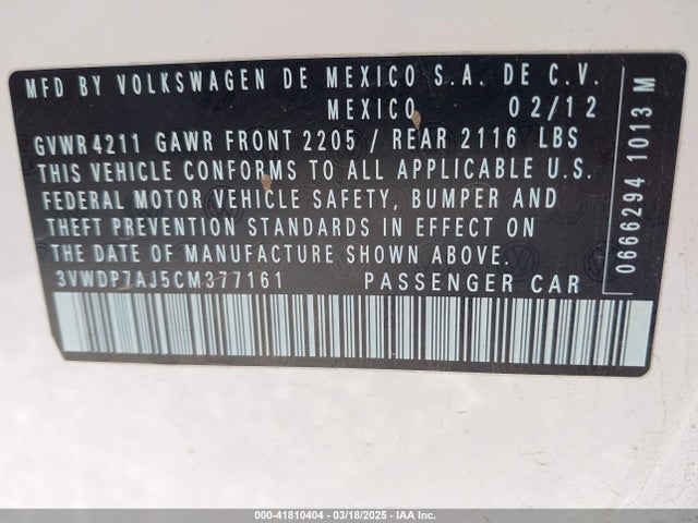 2012 Volkswagen Jetta 2.5l Se მანქანა იყიდება აუქციონზე, vin: 3VWDP7AJ5CM377161, აუქციონის ნომერი: 41810404
