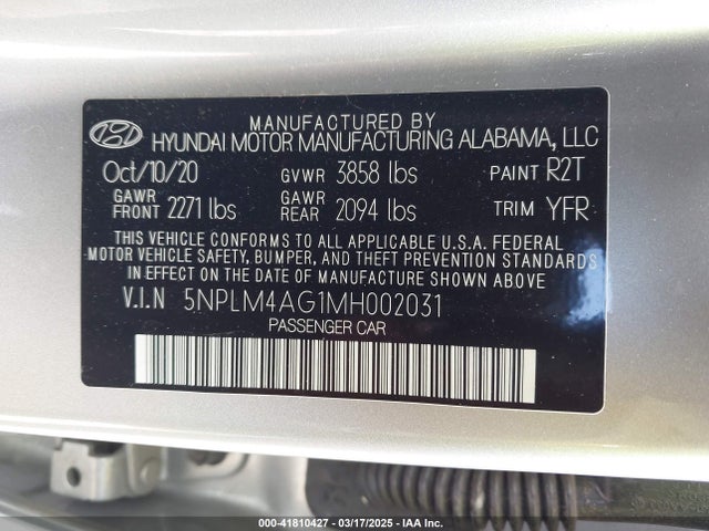 5NPLM4AG1MH002031 Hyundai ELANTRA SEL