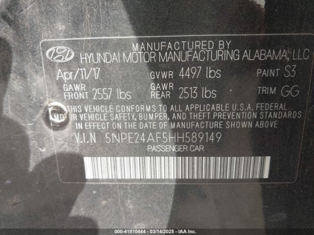 5NPE24AF5HH589149 Hyundai Sonata