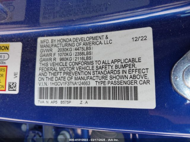 1HGCV1F37NA124663 Honda Accord Sport