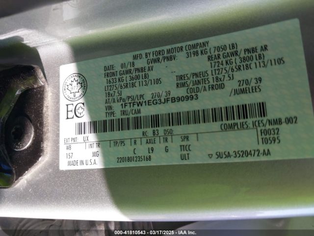 1FTFW1EG3JFB90993 Ford F-150 Xlt