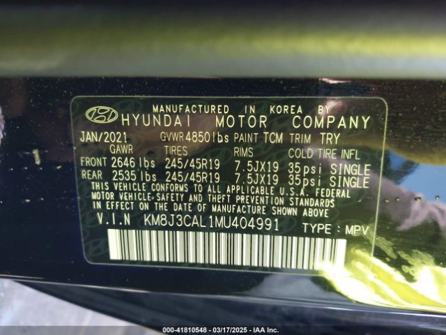 KM8J3CAL1MU404991 Hyundai Tucson Sport