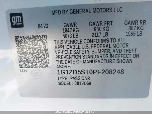 1G1ZD5ST0PF208248 Chevrolet Malibu Fwd 1lt