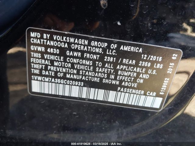 1VWCM7A35GC020933 Volkswagen Passat V6 Sel Premium