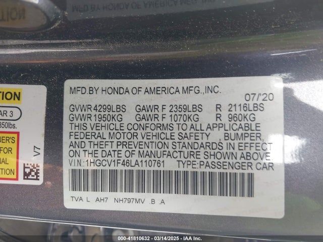 1HGCV1F46LA110761 Honda ACCORD EX