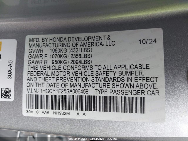 1HGCY1F25SA006458 Honda ACCORD LX