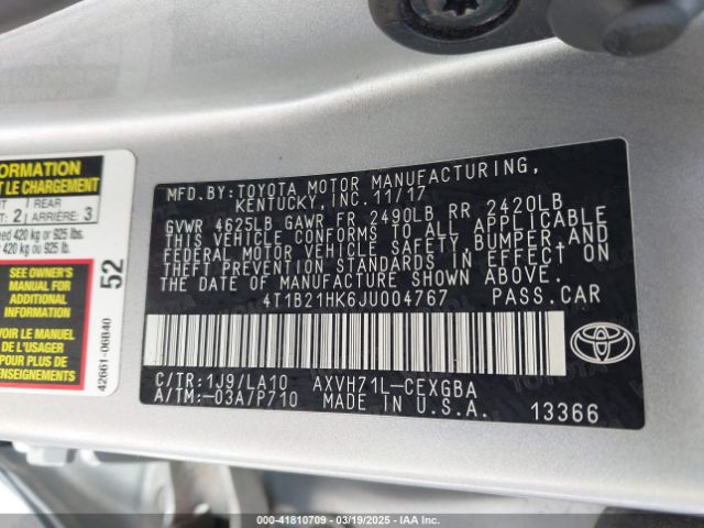 4T1B21HK6JU004767 Toyota Camry Hybrid Xle