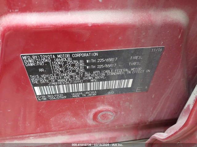 JTMBFREV3HJ126942 Toyota RAV4 LE