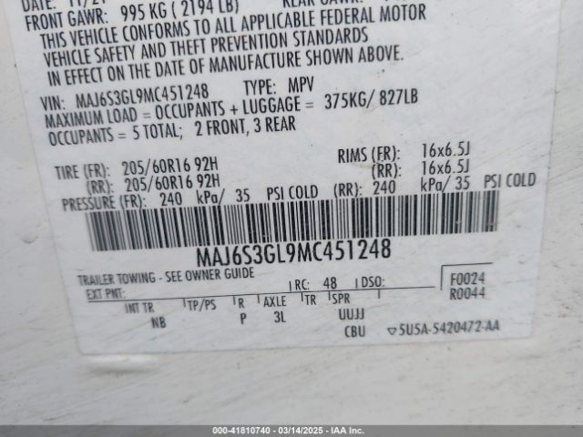 MAJ6S3GL9MC451248 Ford Ecosport Se