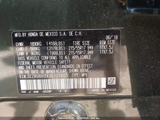 3CZRU6H3XJG727005 Honda HR-V LX