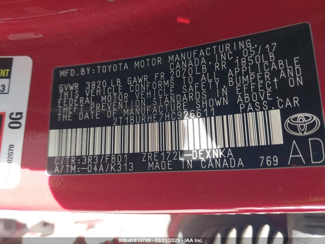 2T1BURHE7HC926611 Toyota COROLLA LE