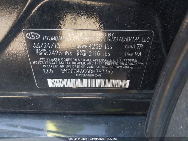 Продажа на аукционе авто 2013 Hyundai Sonata Gls, vin: 5NPEB4AC6DH783365, номер лота: 41810808