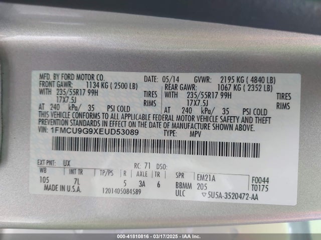 1FMCU9G9XEUD53089 Ford ESCAPE SE