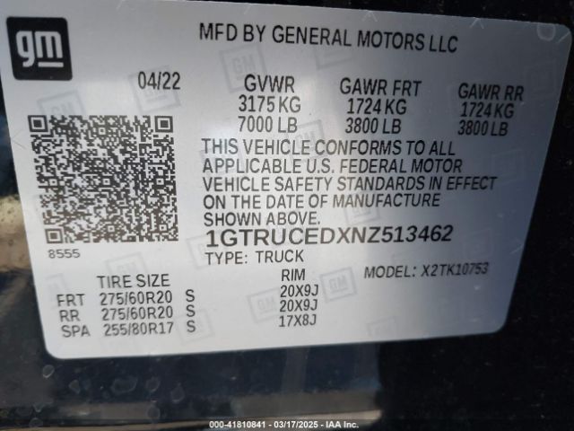 1GTRUCEDXNZ513462 GMC Sierra 1500 4wd Double Cab Standard Box Elevation With 3sb