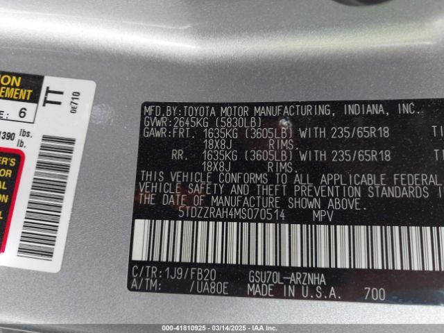 5TDZZRAH4MS070514 Toyota Highlander Le