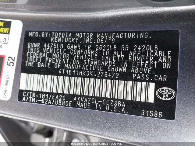 4T1B11HK3KU276472 Toyota CAMRY SE