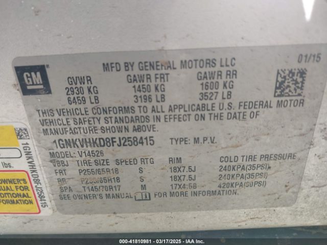 1GNKVHKD8FJ258415 Chevrolet Traverse 2lt