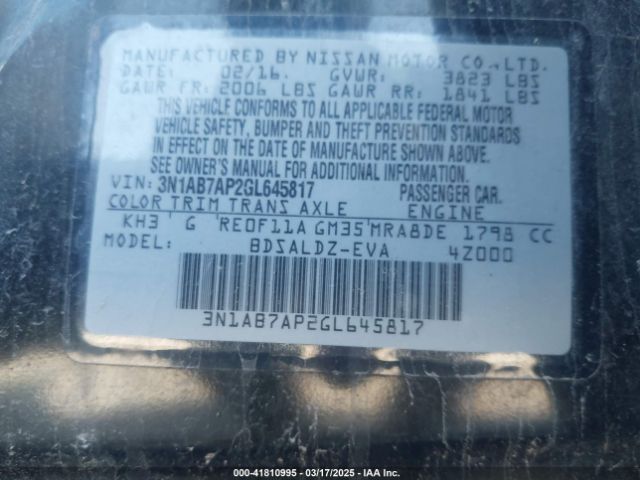 3N1AB7AP2GL645817 Nissan Sentra Fe+ S/s/sl/sr/sv